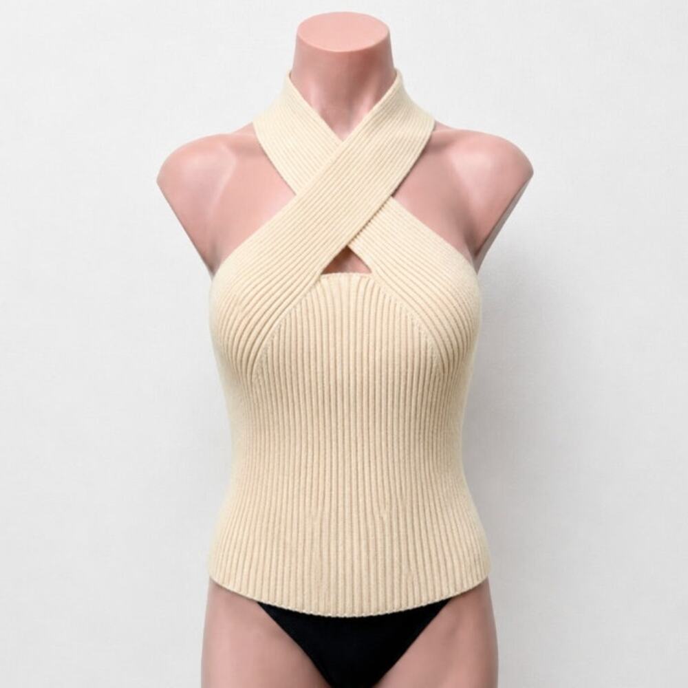 Cider Beige Ribbed Knit Sleeveless Criss Cross Front Halter Stretch Crop Top XL